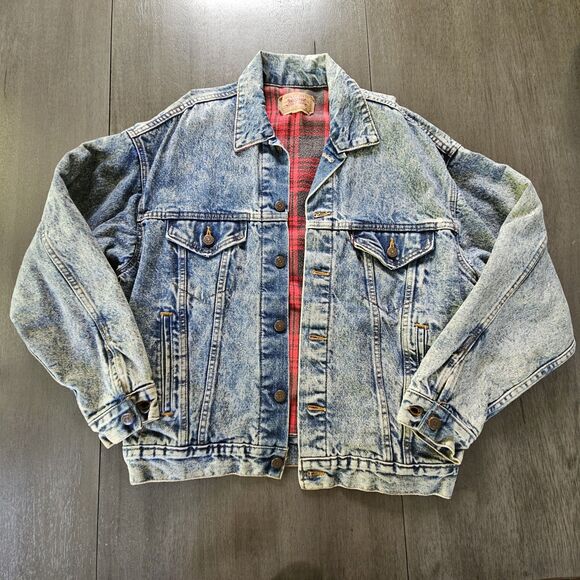 Vtg Levis 70417 9319 Blue Acid Wash Trucker Jacket Buffalo Plaid Lined Size M